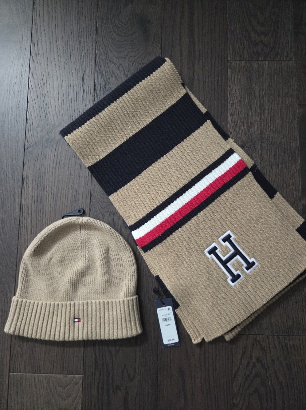 Tommy Hilfiger Tan Beanie & Scarf Set with Signature Stripe